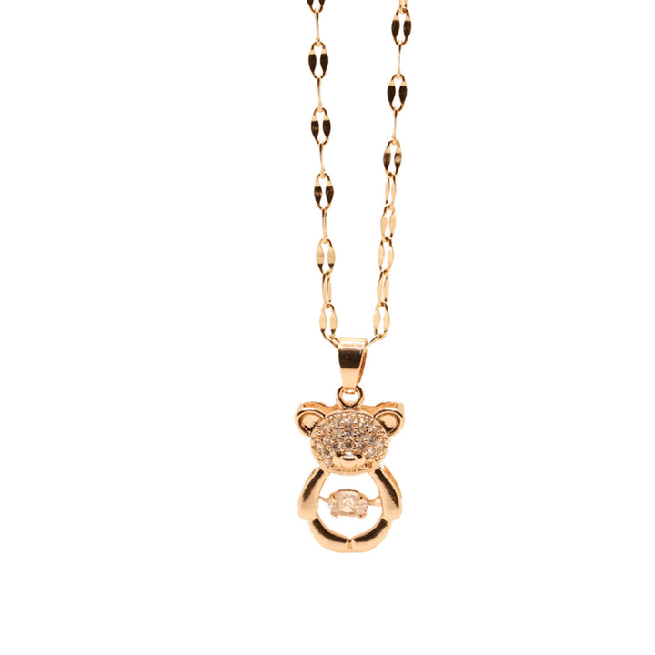 Teddy Bear Dancing Stone Pendant Necklace Cubic Zirconia Rose Gold Plated