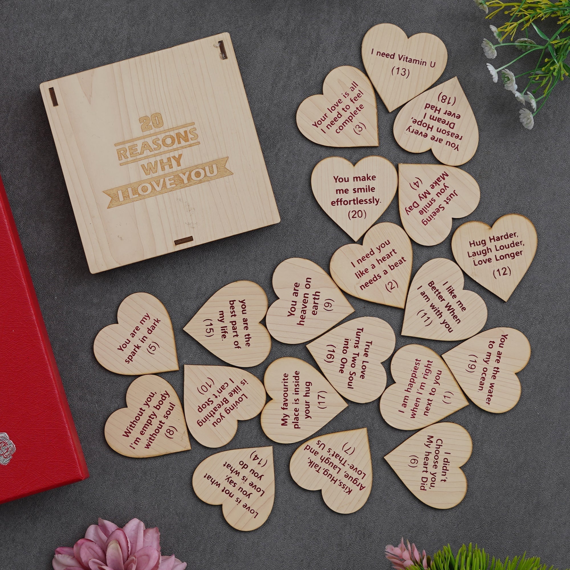 "20 Reasons Why I ❤️ You" or "20 Reasons Why I Need You" Printed on Little Hearts Valentine Brown Wooden Gift Set